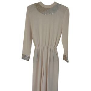 Rare Vintage St John Santana Knit Jumpsuit by Marie Gray Cream/Gold Beaded